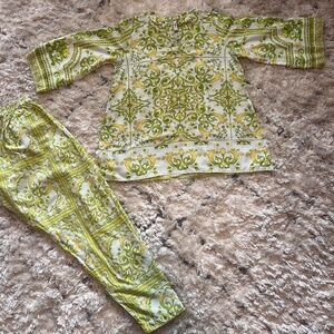 S ETHNIC 100% Co Ord Green & White Floral Set Trendy Summer Southasian